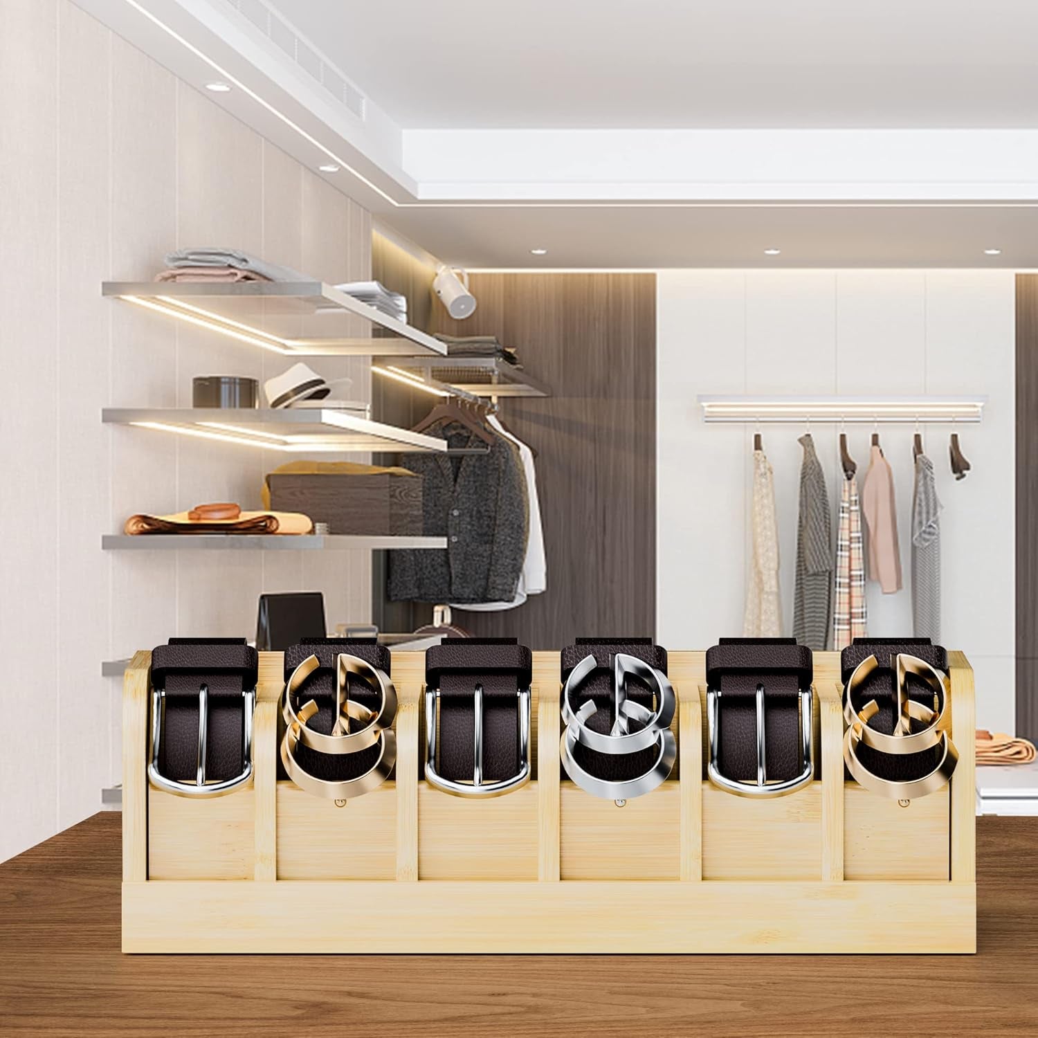 Bamboo Belt Organizer Box,6 Grids Belt Rack, Belt Organizer for Closet and Drawe