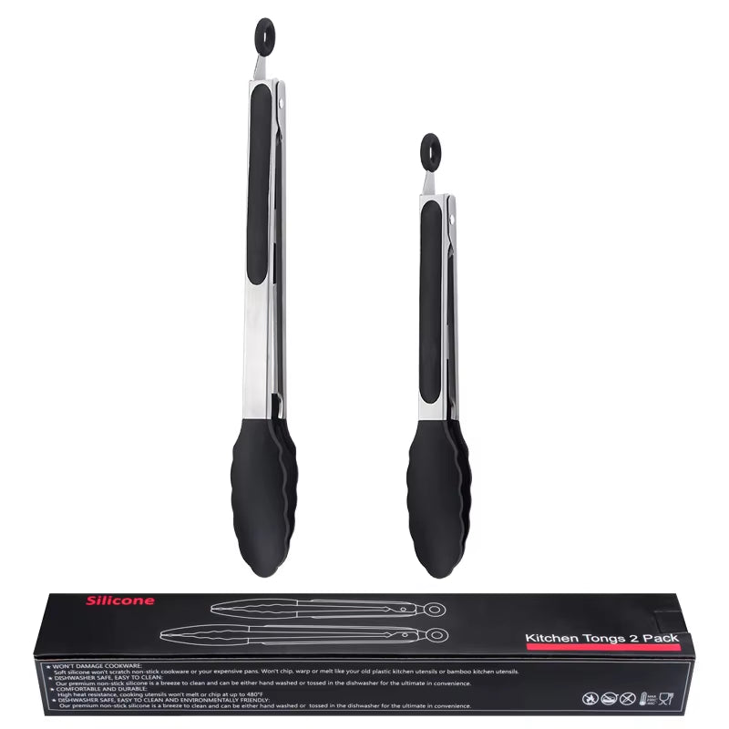 ✅SHIP NOW - Kitchen Food Tongs Silicone Stainless Steel Tongs Set | Black 9"/12"