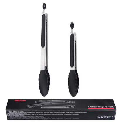 ✅SHIP NOW - Kitchen Food Tongs Silicone Stainless Steel Tongs Set | Black 9"/12"