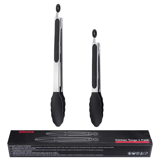 ✅SHIP NOW - Kitchen Food Tongs Silicone Stainless Steel Tongs Set | Black 9"/12"