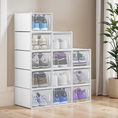 Stackable Shoe Storage Boxes – 12 Pcs Organizer with Airflow Holes, Fits Up to Men’s Size 14, Durable, Dust-Proof, Space-Saving Closet Room Solution