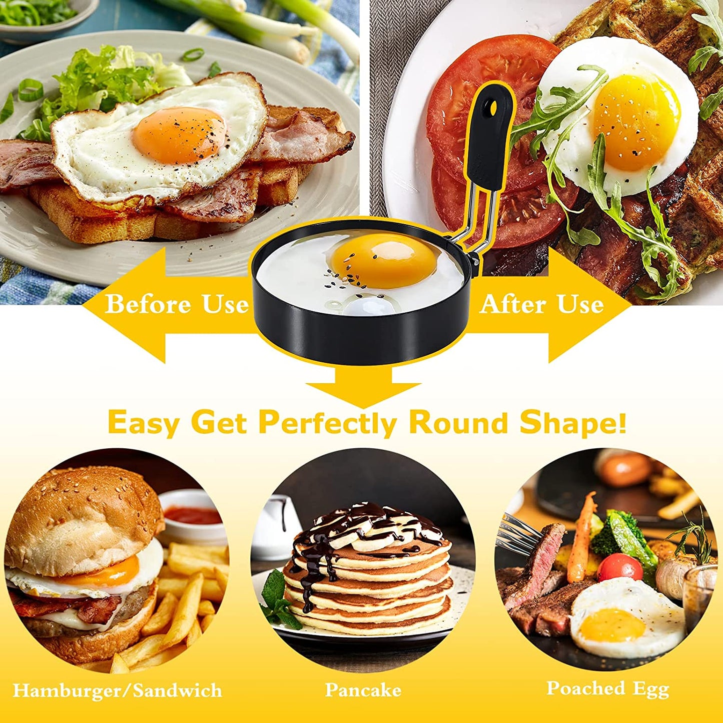 4'' Round+Square Egg Rings Set Silicone Handle Stainless Steel Egg Cooking Rings