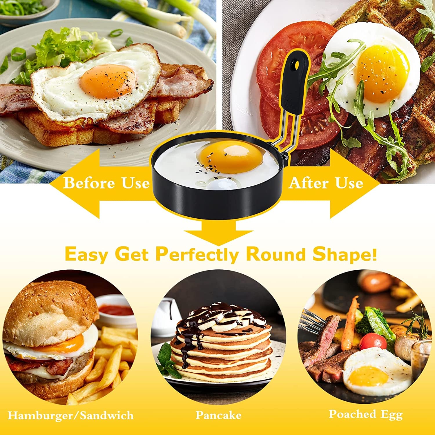 4'' Round+Square Egg Rings Set Silicone Handle Stainless Steel Egg Cooking Rings