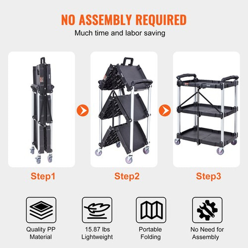 VEVOR Foldable Utility Service Cart 3 Shelf 165LBS with Swivel Lockable Wheels