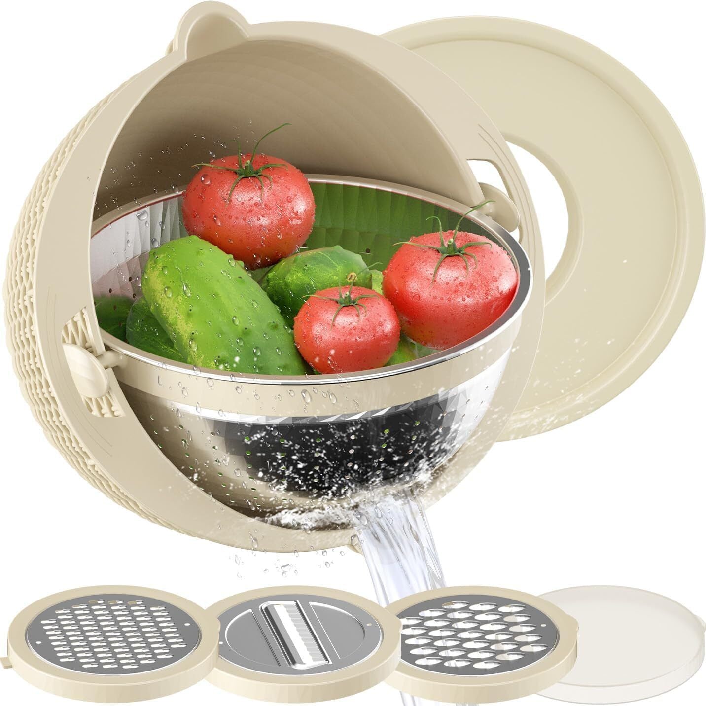 colander, Kitchen Strainer 4-in-1 Set - Rotating Colander, Fruit Bowl, Stainless Steel & Plastic, Utensils Food Prep Metal Sturdy Thick Traditional