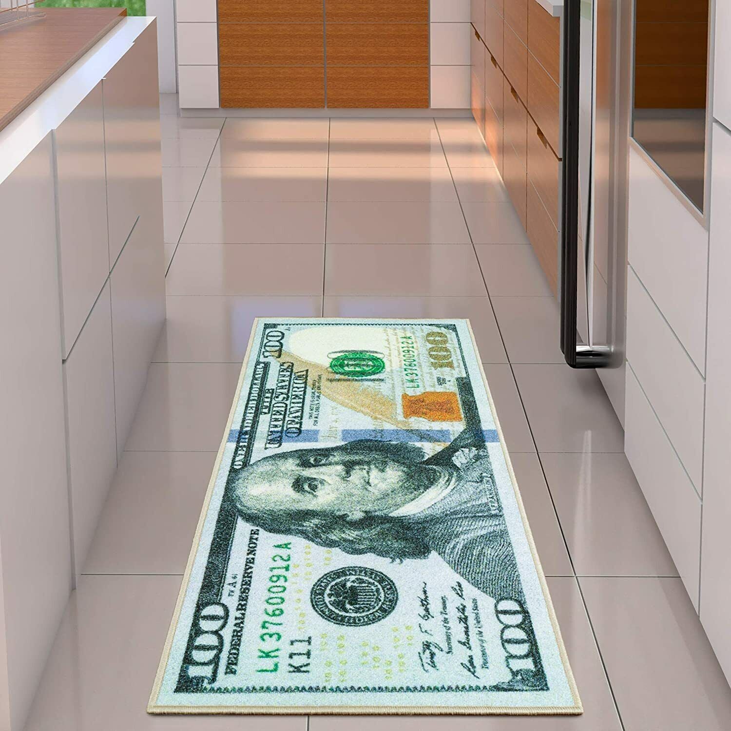 Money Runner Rug 100 Dollar Bill - 22”x53” Non-Slip Carpet, Durable & Stain-Resistant Home Decor, Modern Design, Rubber Backing, Easy to Clean