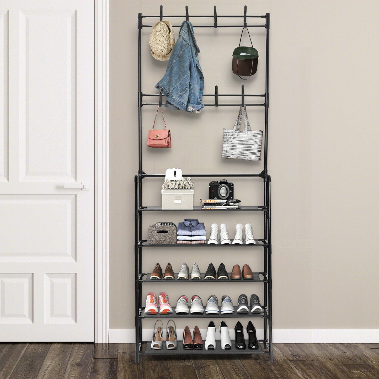 storage unit, Entryway Coat Rack with Shoe Storage – 3-in-1 Freestanding Organizer with Hooks & 5-Tier Shelves, Space-Saving Hall Tree for Hats