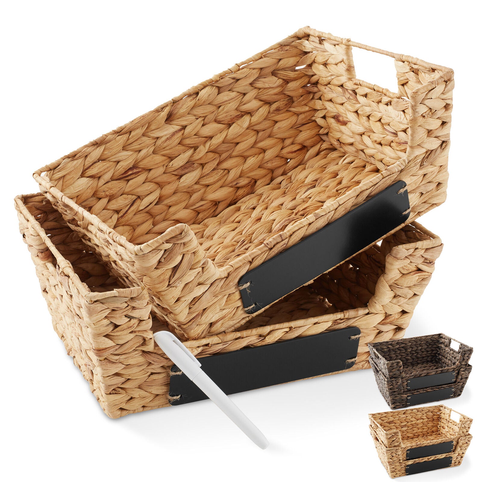 2Pk Wide Pantry Baskets, Hyacinth Wicker Kitchen Storage Bins for Shelves