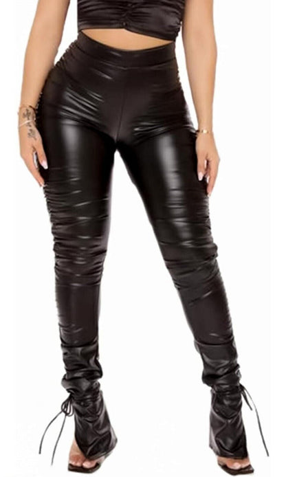 Women's Faux Leather Ruched Leggings Comfy Black Pant Trendy High-Waist Fabric Womenswear Adjustable Bottoms Breathable Crop Fashion Fit Matte Outfit