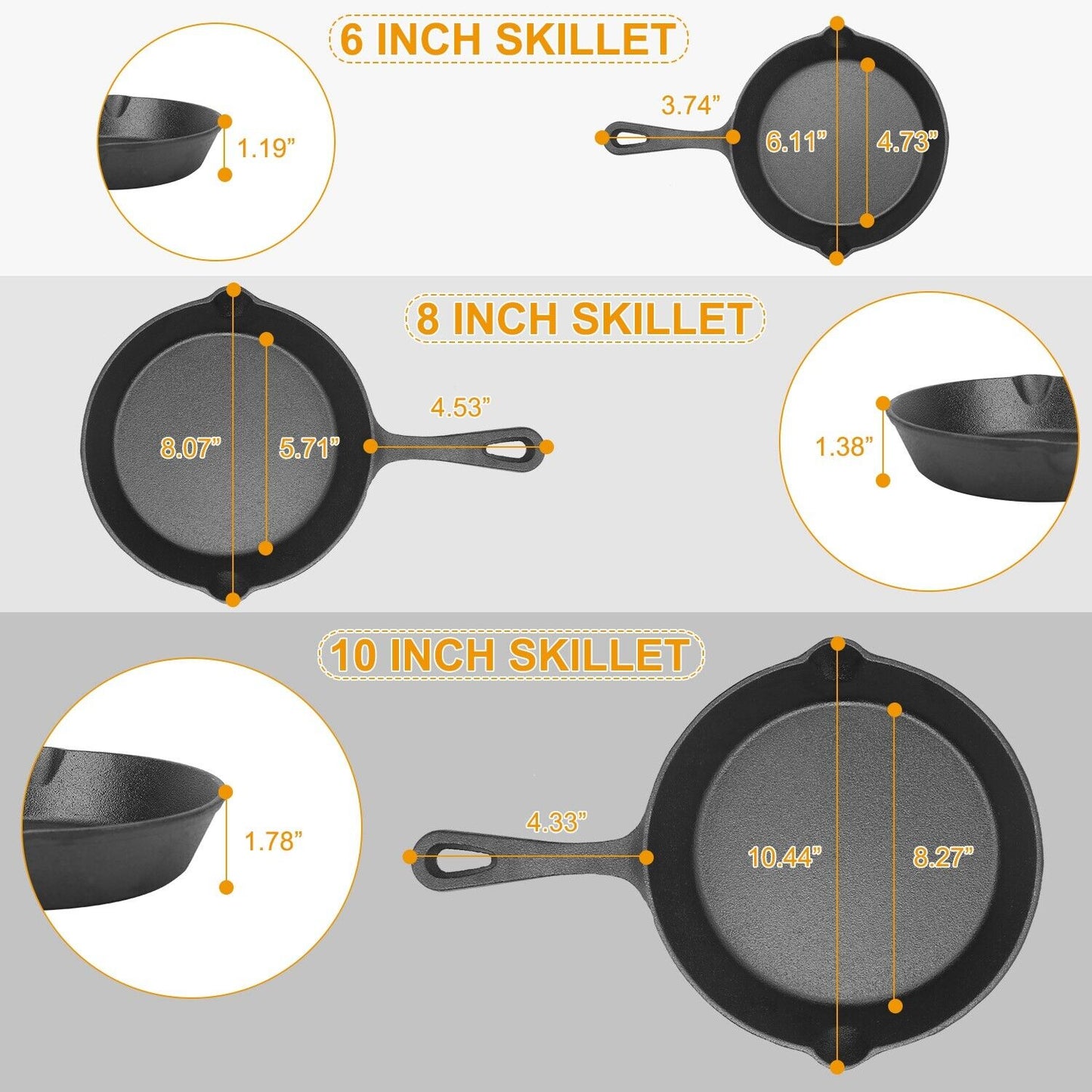 3PCS Cast Iron Skillet Set 6" 8" 10" Heavy Duty Pre-Seasoned Frying Pan Cookware