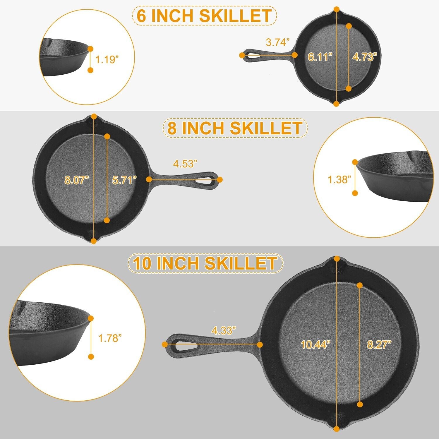 3PCS Cast Iron Skillet Set 6" 8" 10" Heavy Duty Pre-Seasoned Frying Pan Cookware