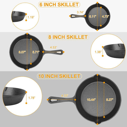 3PCS Cast Iron Skillet Set 6" 8" 10" Heavy Duty Pre-Seasoned Frying Pan Cookware