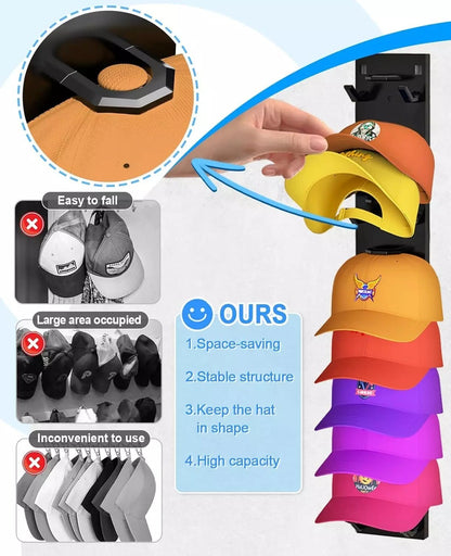 2 Pack Wall Mounted Hat Organizer for up to 18 Baseball Caps, Black