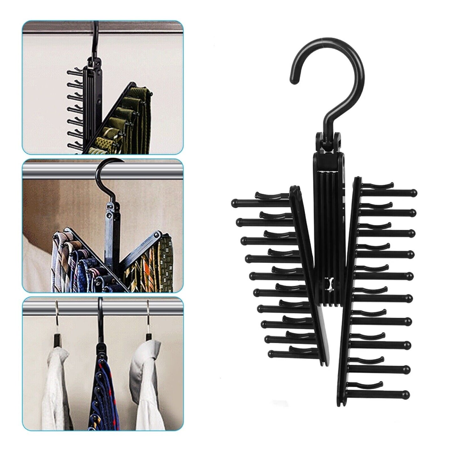 Tie Rack Organizer for Closet - 20 Tie Hanger with 360° Rotating Hook, Space-Saving Non-Slip Clips, Durable ABS Plastic, Easy Access & Neat Storage