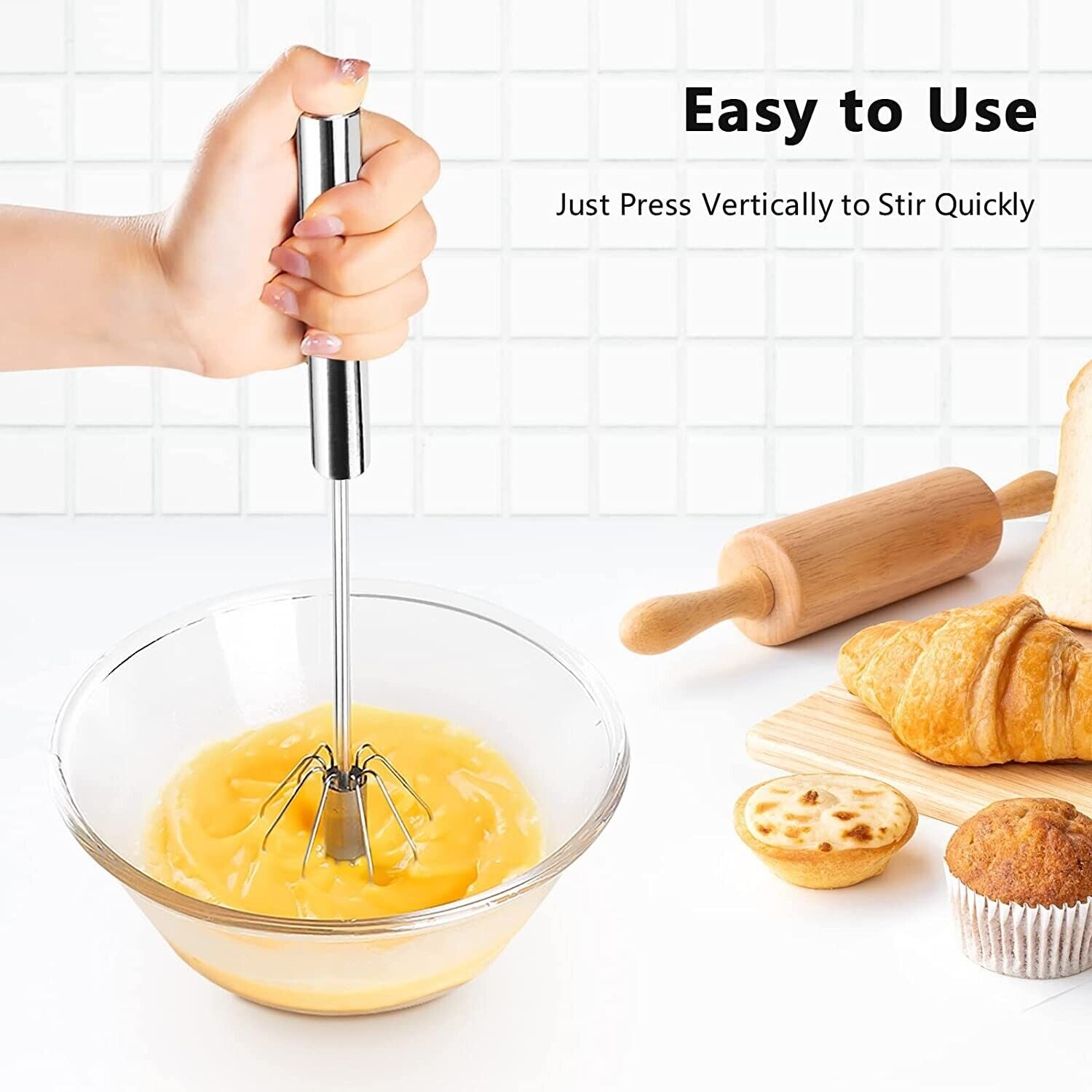 14 Inch Stainless Steel Semi-Automatic Whisk – Hand Push Egg Beater, Mixer & Blender, Cooking, Baking, Frothing, Kitchen Utensils Lightweight Portable