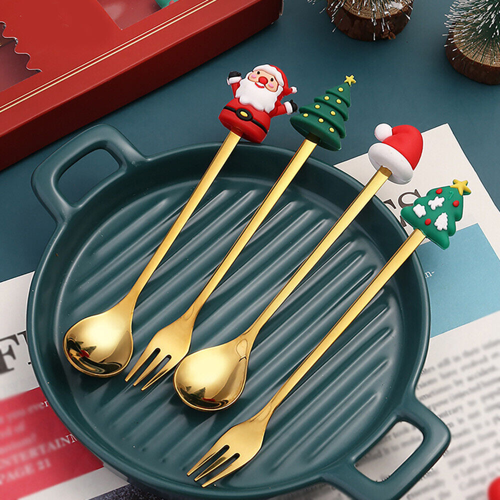 Christmas Themed Cutlery Set 6PCS Christmas Gift Glod Spoon Fork Set Elk Christmas Tree