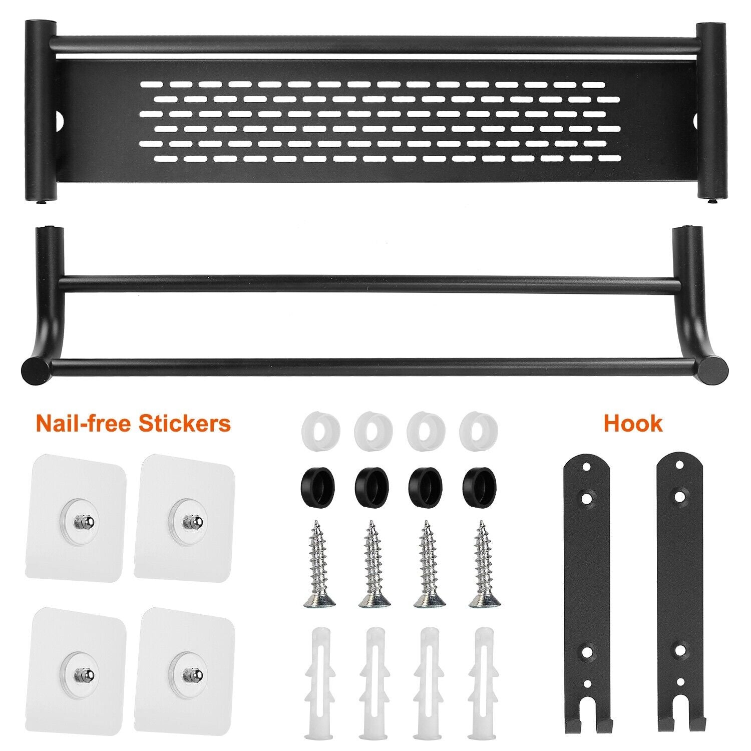 23.6'' 2-Tier Wall-Mounted Towel Rack - Matte Black Bathroom Organizer with Storage Shelf, Dual Bars, Hooks, Corrosion-Resistant & Easy Install