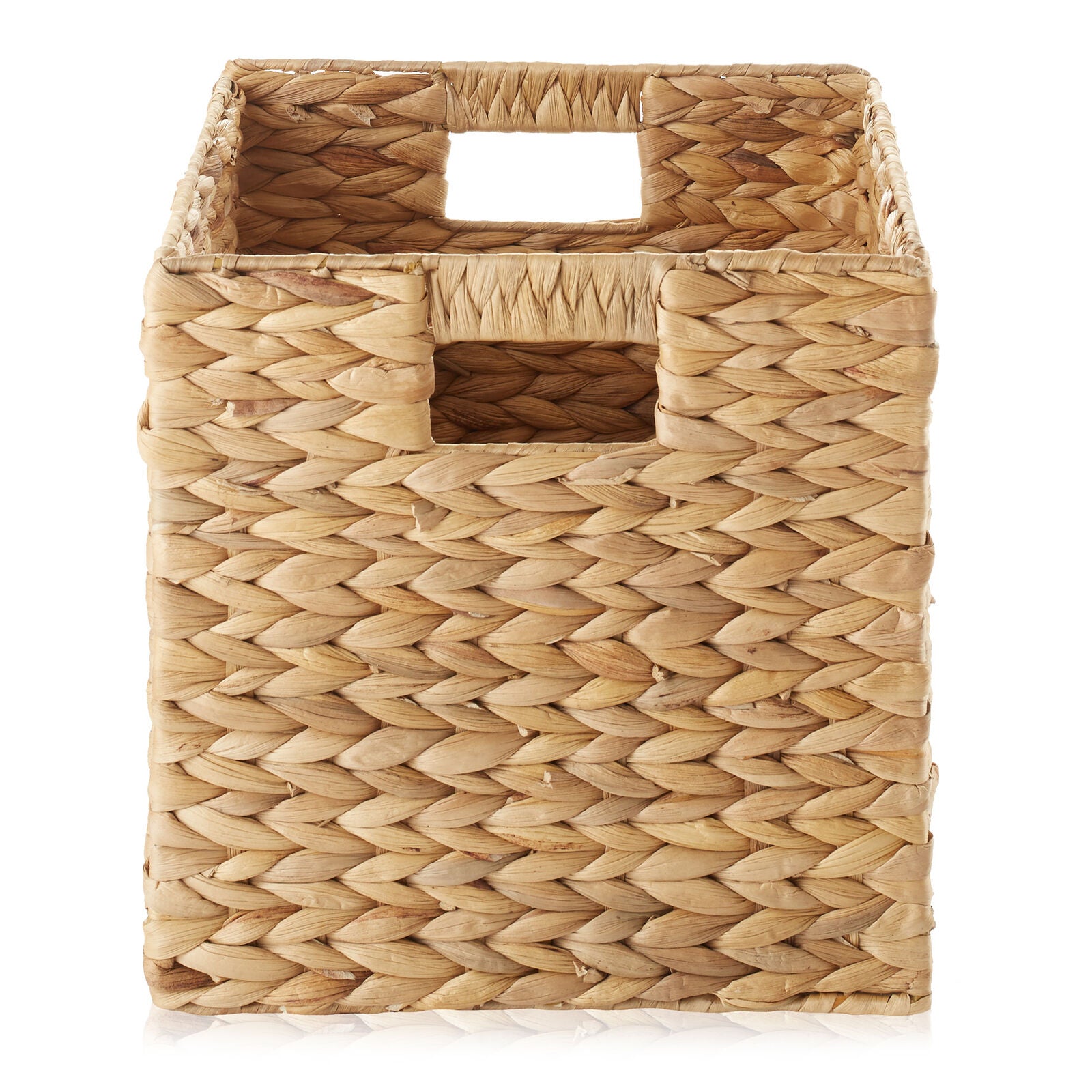 scalloped baskets, Wicker Storage Baskets for Shelves - Set of 4 Handwoven Water Hyacinth Cube Bins, 10.5” Foldable Metal Plastic Boho Dual Room