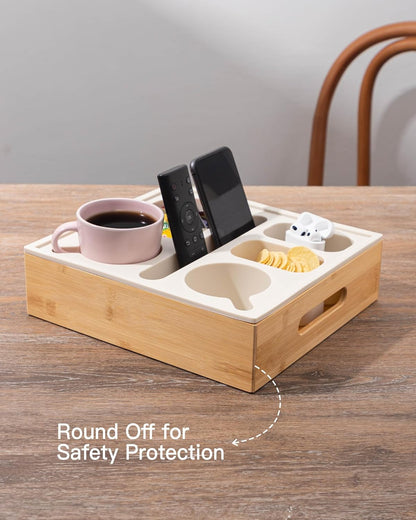 Couch Cup Holder with Lid, Silicone Bed Caddy with Cup Holder, Bed Organizer for Drinks, Snacks, Remotes, Bamboo Couch Caddy for Sofa, Bed and Car(Beige)