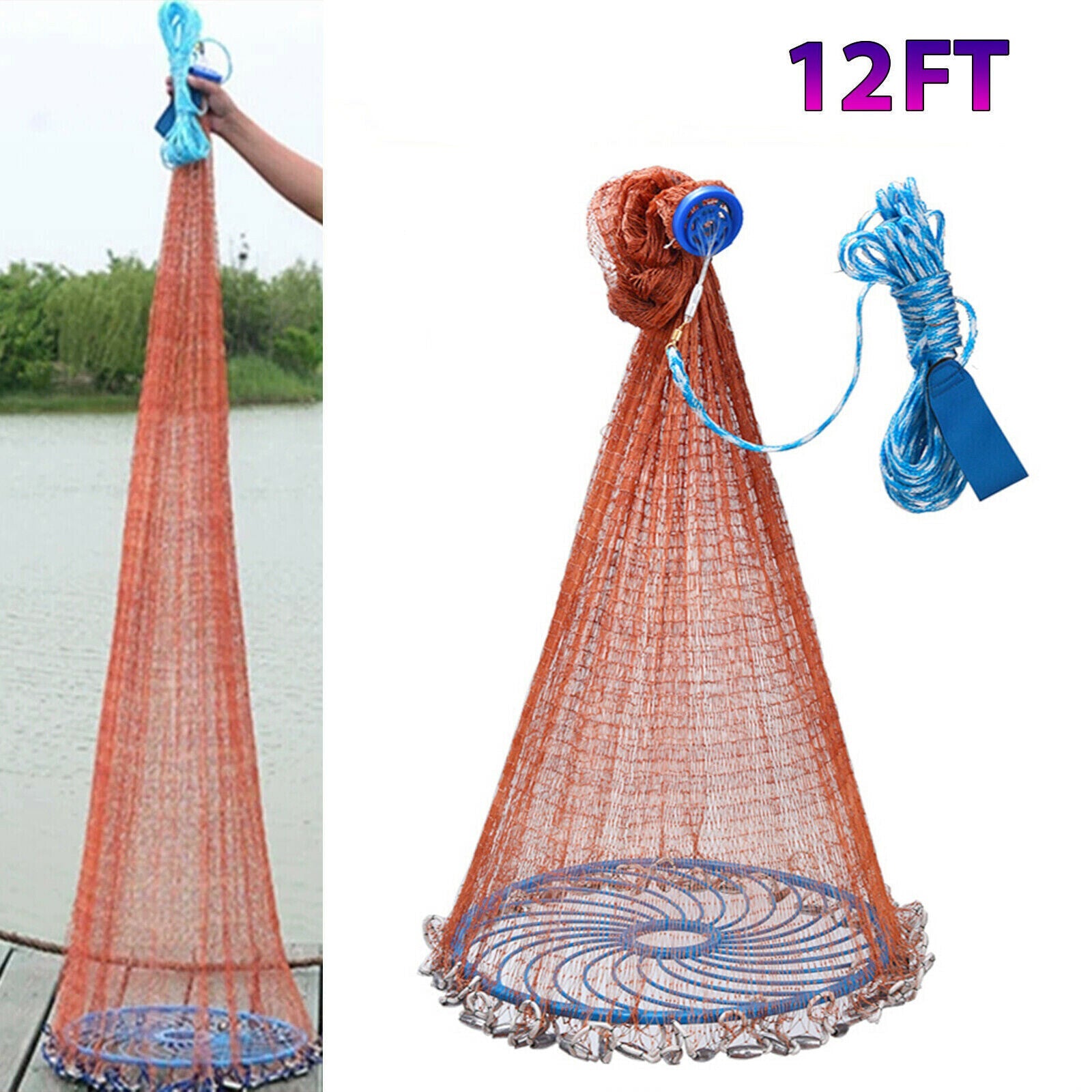 Easy Throw Fishing Cast Net, Durable Nylon Mesh with Aluminum Ring & Zinc Sinkers, Long Rope for Bait & Fish Catching Success!