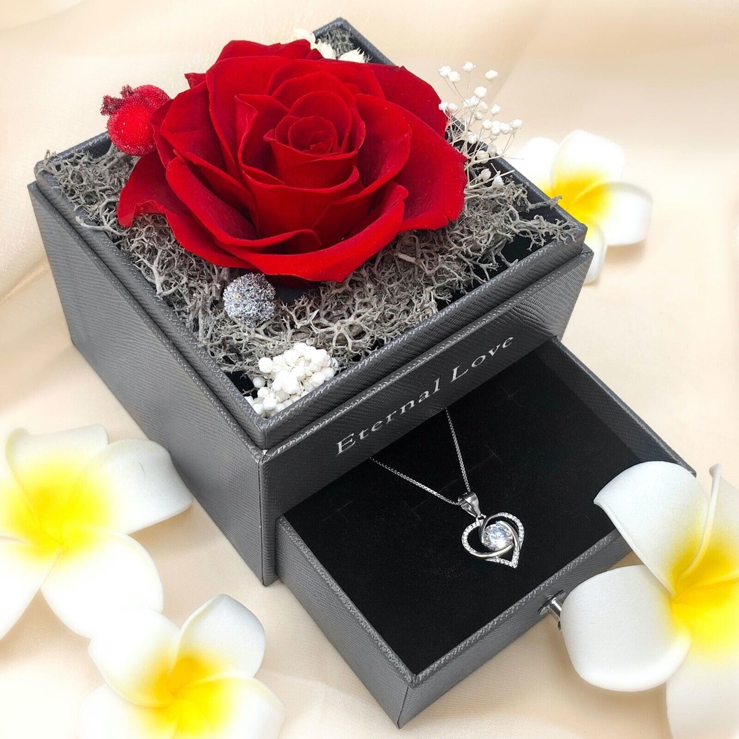 Preserved Eternal Real Rose Flower Gift Box with 14K Gold Plated Silver Necklace