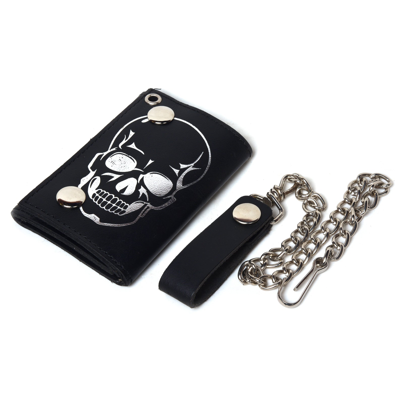 Leatherboss Genuine Leather Men Cool Skull Trifold Wallet Chain Biker, Black