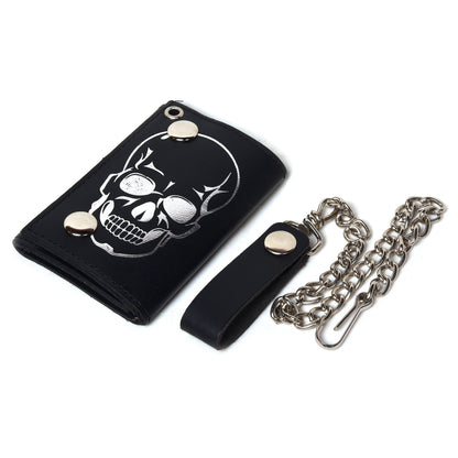 Leatherboss Genuine Leather Men Cool Skull Trifold Wallet Chain Biker, Black