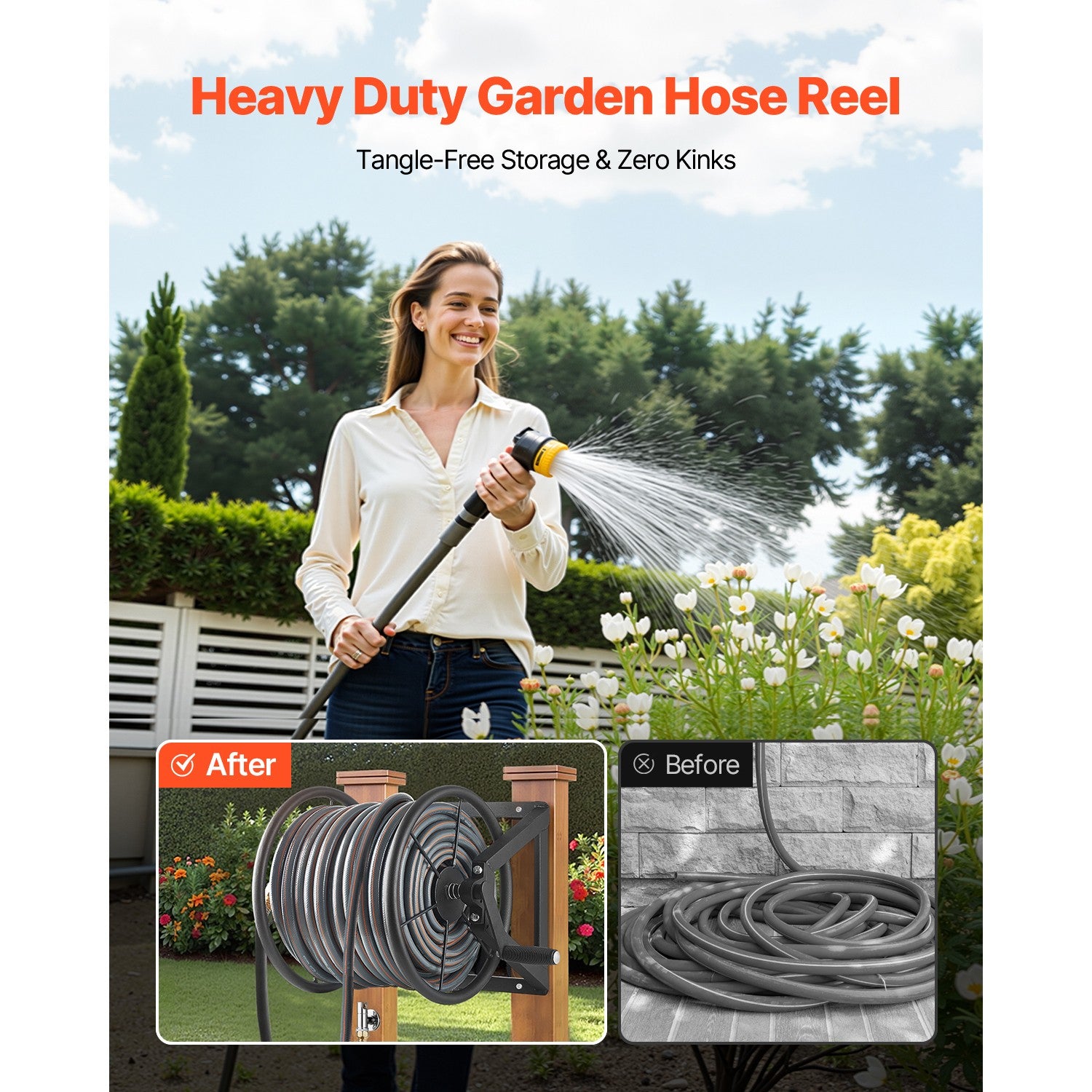 Wall Mounted Garden Hose Reel 200Ft 5/8 in Manual Hose Winder Brass Fitting