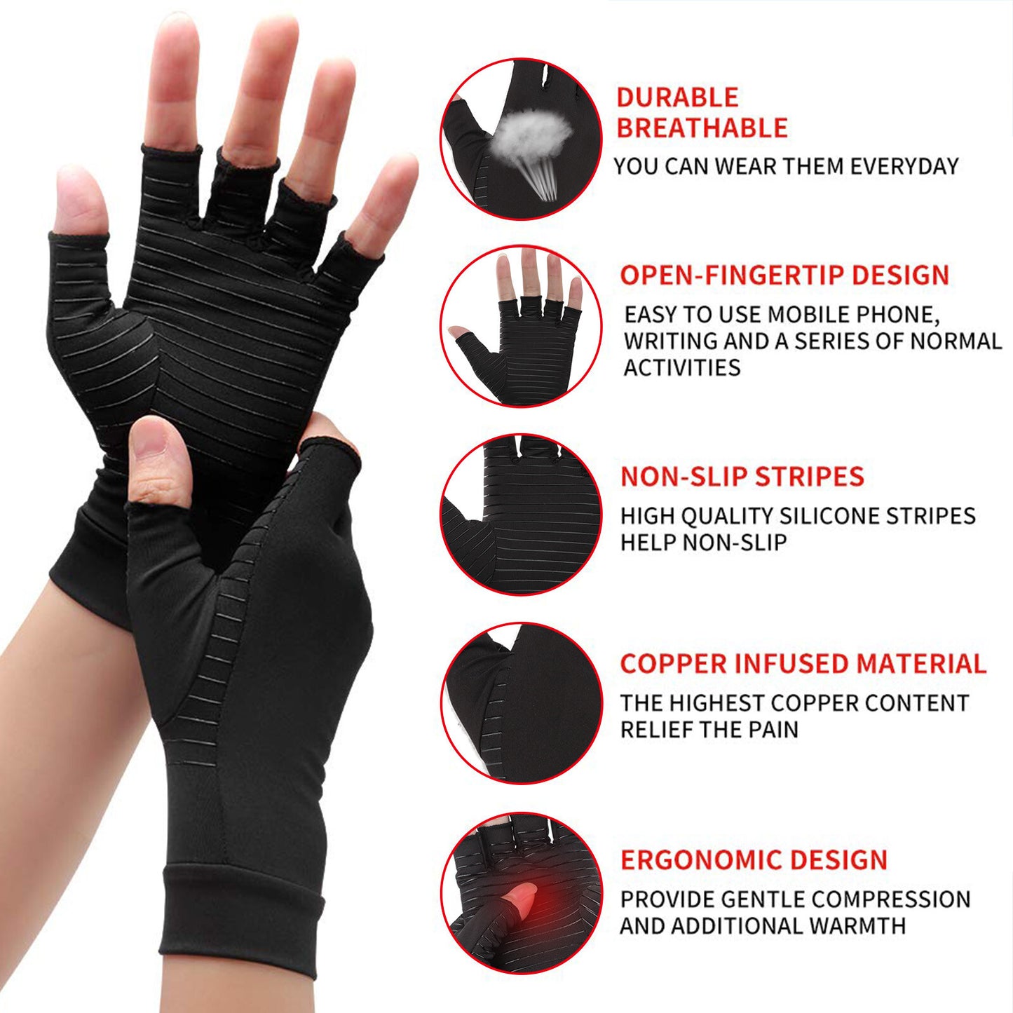 Copper Arthritis Compression Gloves Hand Wrist Brace Support Joint Pain Relief