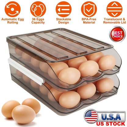 2-Layer Automatic Rolling Egg Holder Storage Box for Fridge Egg Container Tray