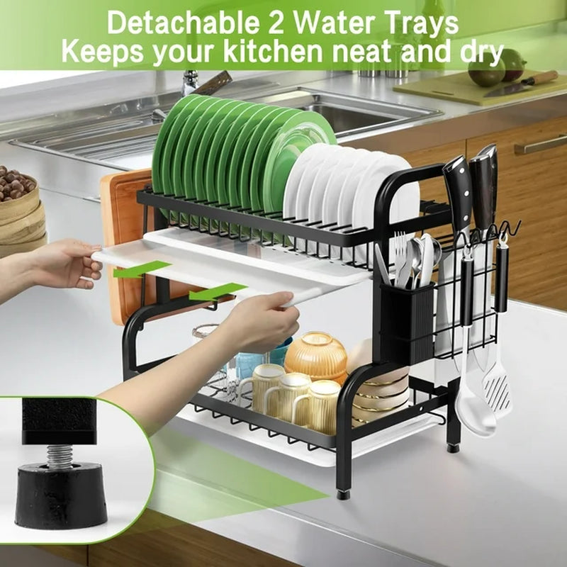 Over Sink Dish Drying Rack 2-Tier | Stainless Steel Kitchen Dish Rack with Drainboard, Utensil Holder, Cutting Board Rack | Space-Saving Organizer