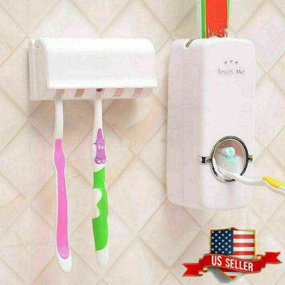 Toothpaste Dispenser + 5 Toothbrush Holder Set Wall Mount Stand US Fast Shipping