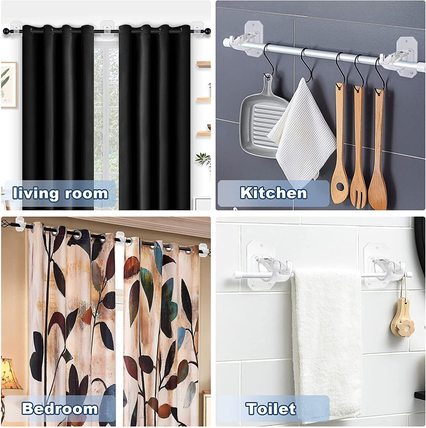 8PCS Nail Free Adjustable Curtain Rod Clip Brackets Self Adhesive Holder Hooks