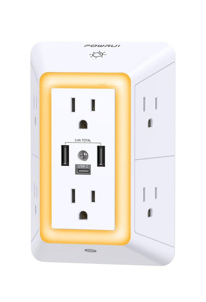 USB Wall Outlet with Fast Charging (USB-C), Surge Protector, 6 Wide-Spaced AC Outlets & Smart LED Night Light – Space-Saving 3D Design for Home & Office