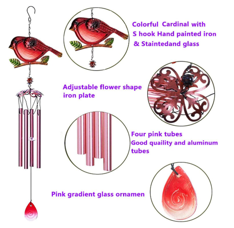 Unique Cardinal Wind Chimes with Crystal Beads – Soothing Sound & Decorative Gift for Mom, Wife, Daughter, Perfect for Gardens, Patios & Occasions