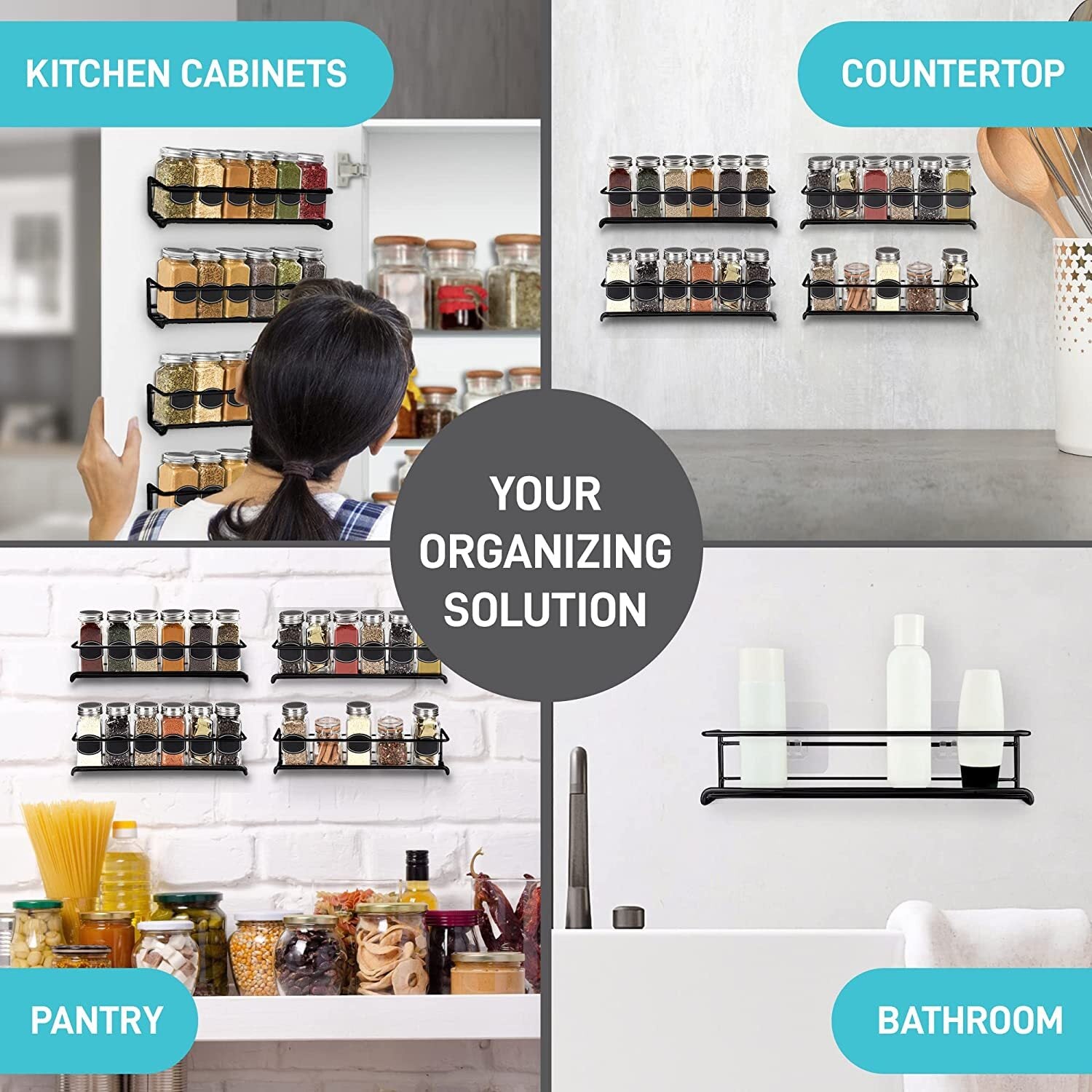 4 Packs Kitchen Spice Rack Organizer Storage Shelf Cabinet Jar Holder Wall Mount