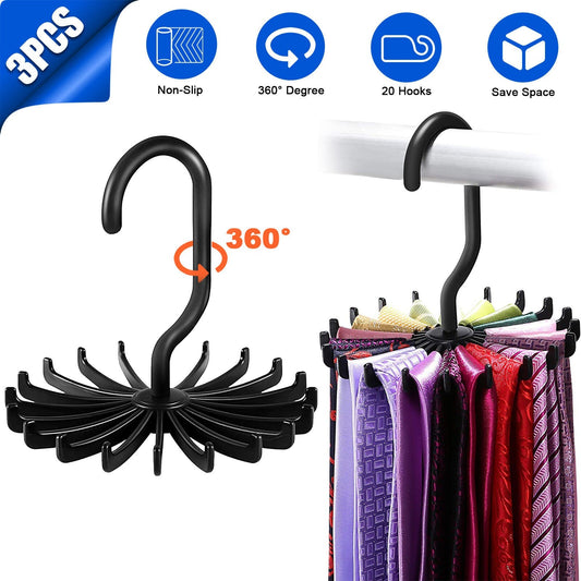 Neck Tie Rack 360° Rotating Hanger – Organize Ties, Belts & Scarves, Space-Saving Closet | Lightweight Smooth Installation Plastic Traditional Hanging