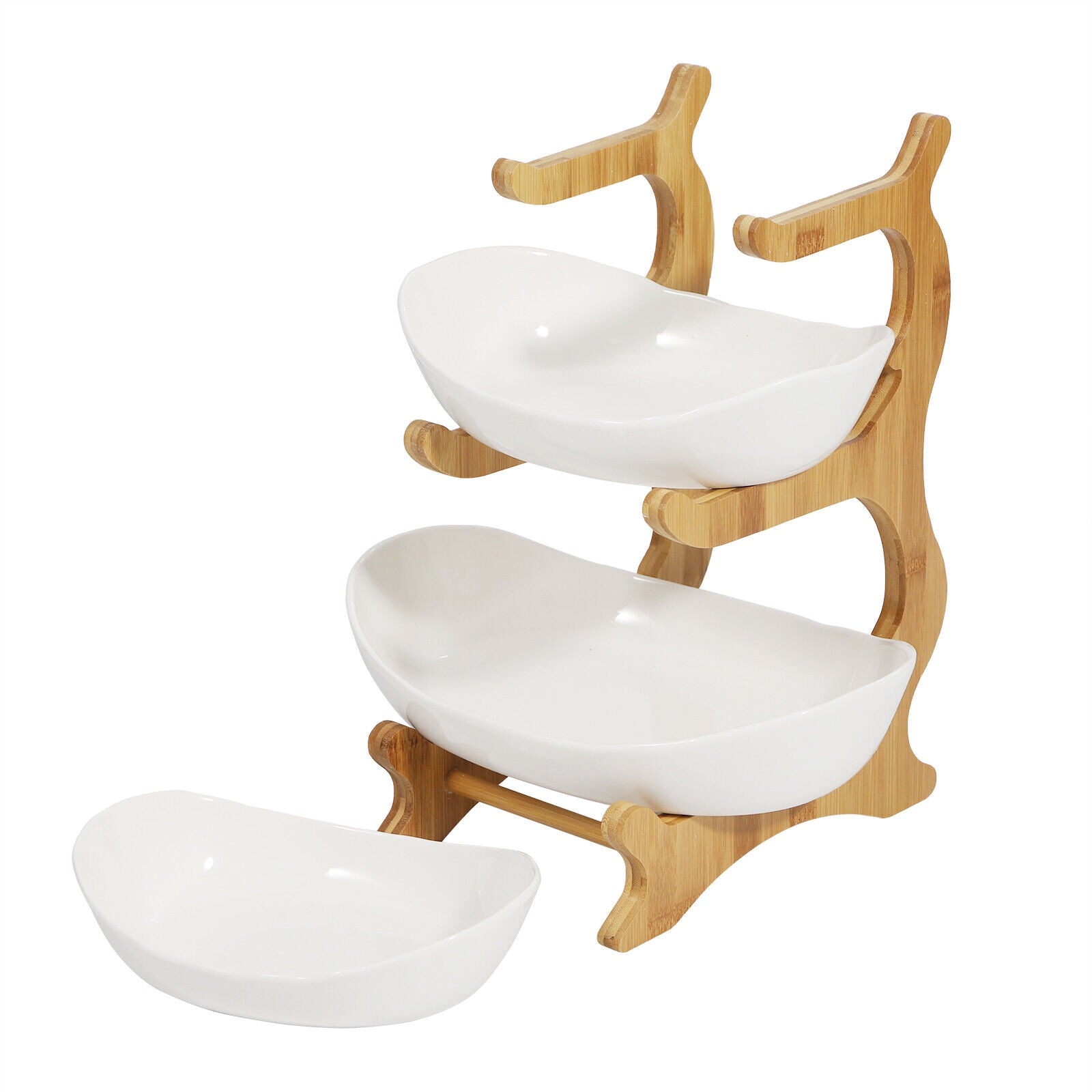 3-Tier Fruit Tray Storage Rack – Bamboo & Ceramic Stand for Snacks, Candy, Sushi – Elegant Display for Home, Parties, Weddings & More (White/Brown)