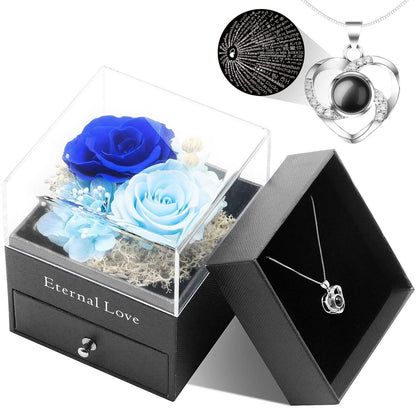 Preserved Eternal Real Rose Flower Gift Box with 14K Gold Plated Silver Necklace