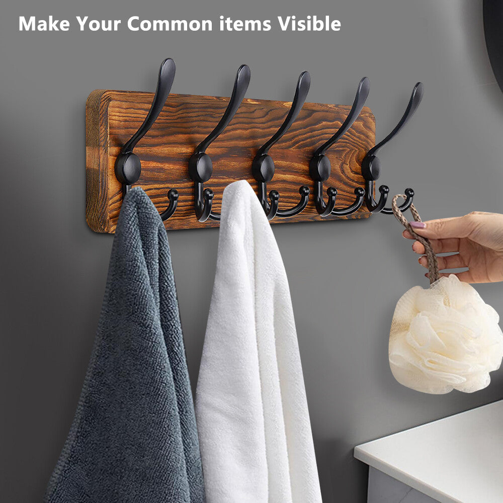 Brown Coat Rack Wall Mount Hat Rack 5 Hooks Pine Wood Plank for Clothes Hats Key