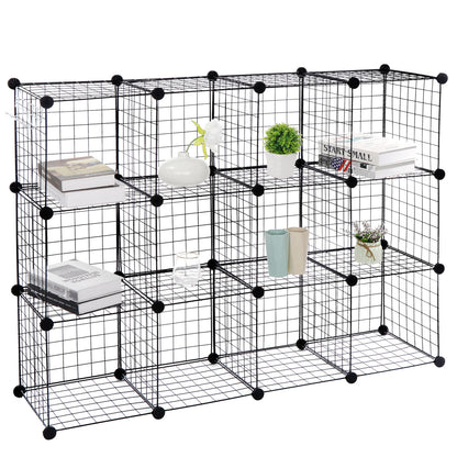 12-Cube Wire Storage Organizer – DIY Metal Bookshelf & Shelving Rack for Bedroom, Living Room, or Closet – Modern Industrial Design, Large Capacity