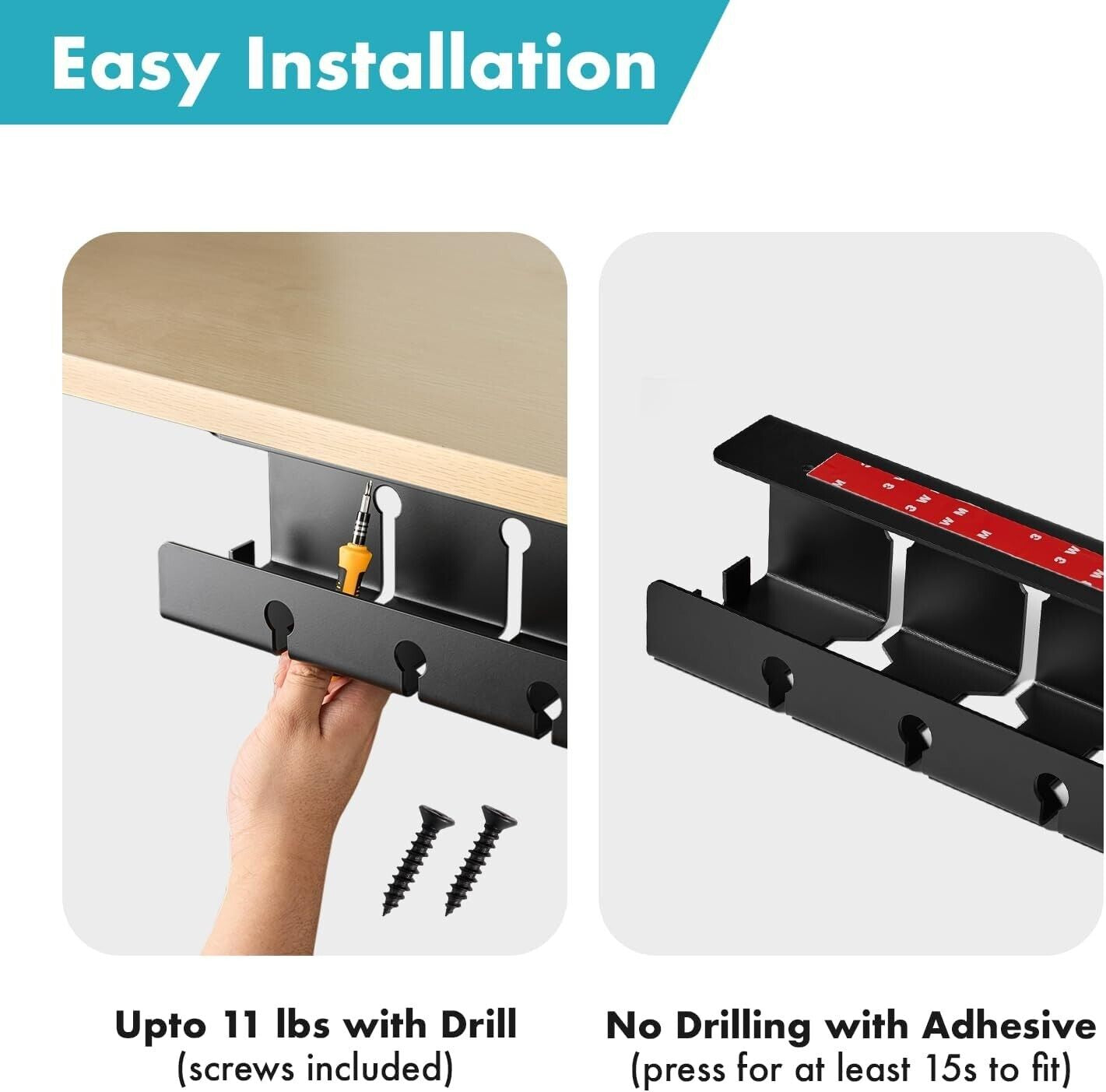 Under Desk Cable Management Tray – Heavy-Duty Steel Cord Organizer, No-Drill Mount, Holds Power Strips & Cables, Clutter-Free Workspace, Easy Install