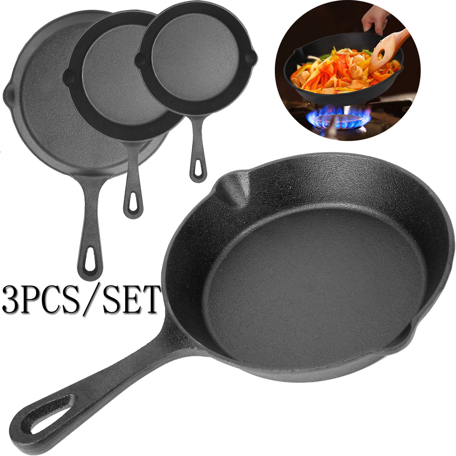 3PCS Cast Iron Skillet Set 6" 8" 10" Heavy Duty Pre-Seasoned Frying Pan Cookware
