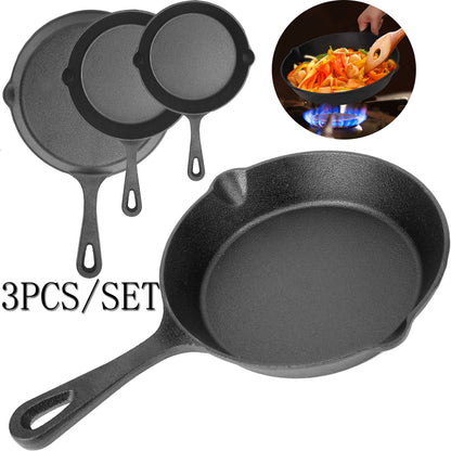 3PCS Cast Iron Skillet Set 6" 8" 10" Heavy Duty Pre-Seasoned Frying Pan Cookware