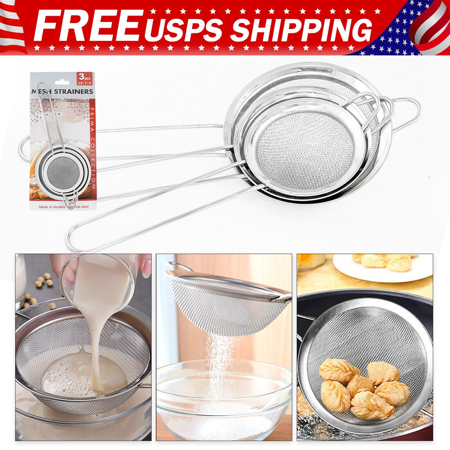 colander, Stainless Steel Fine Mesh Strainer Set – 3 Sizes,Durable & Rust-Resistant, Perfect for Sifting, Kitchen Utensils Hanging Holes Stackable Tea