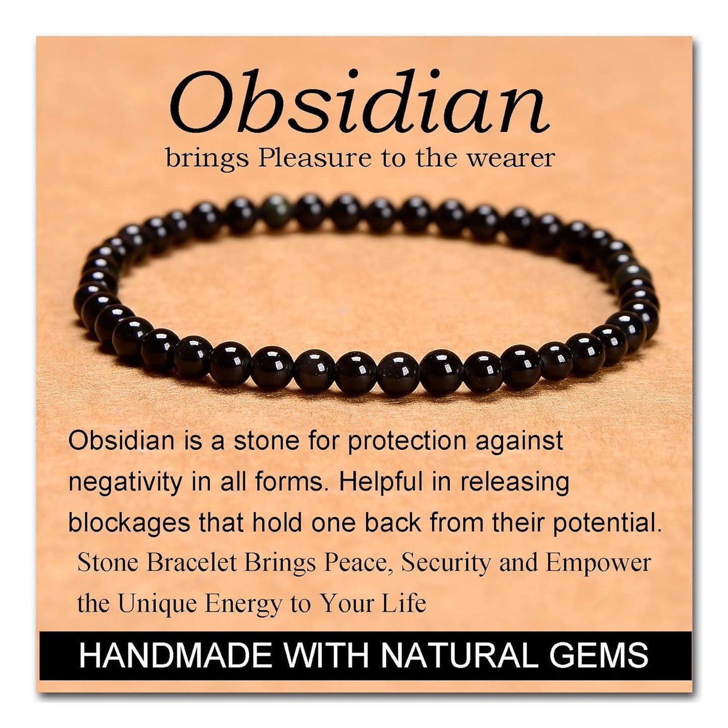 Black Obsidian Healing Crystal Bracelet  Stone of Pleasure Handmade Yoga Stretch Elastic Natural