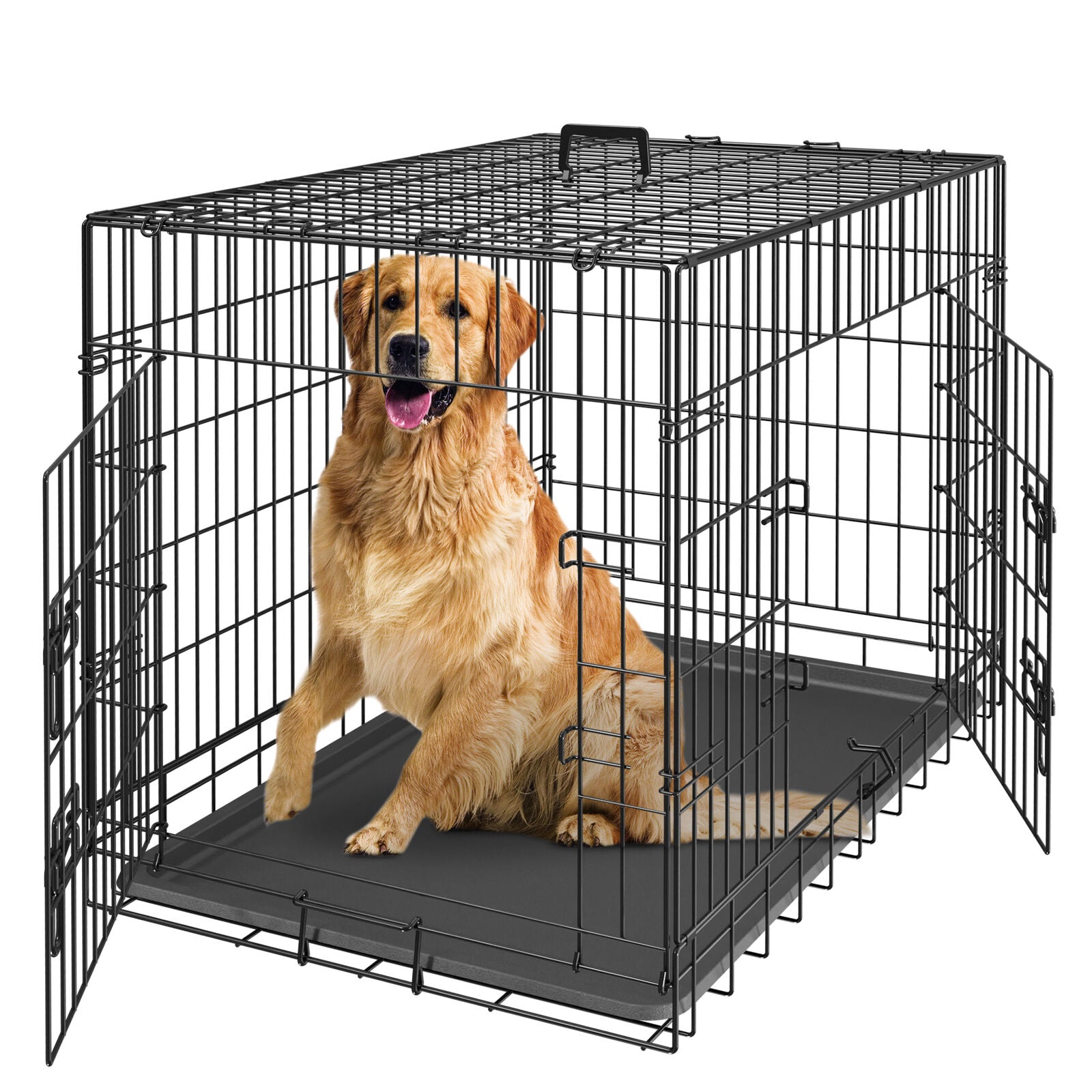 42" Folding Metal Dog Crate Kennel - Double Door Pet Cage with Tray, Secure Slide-Bolt Latches, Easy Clean & Travel Friendly Design for Dogs