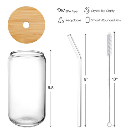 Drinking Glasses with Bamboo Lids and Glass Straw 4Pcs Set - 16Oz Glass Cups,