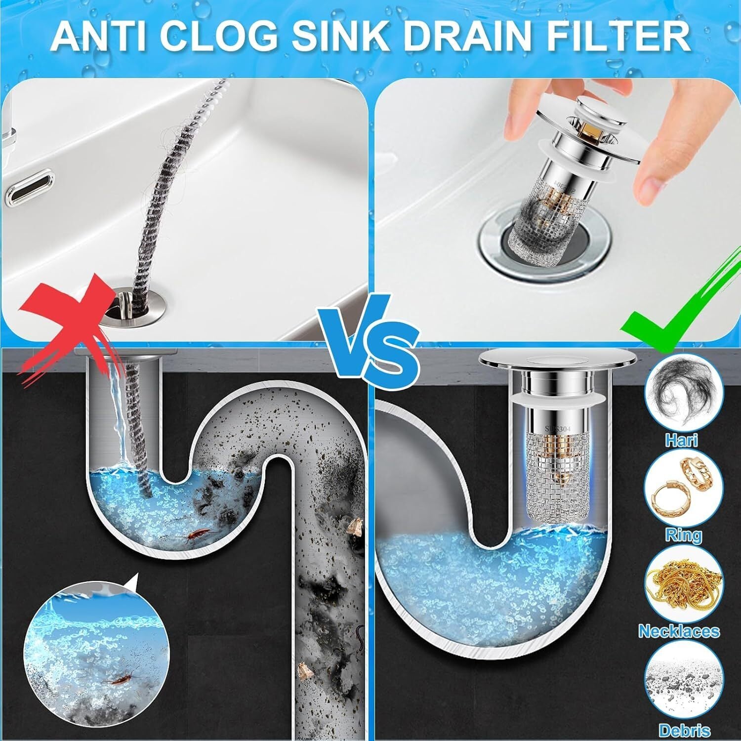 Effortless Drain Protection: Universal Bathroom Sink Stopper & Hair Catcher Strainer