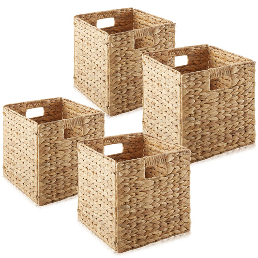 scalloped baskets, Wicker Storage Baskets for Shelves - Set of 4 Handwoven Water Hyacinth Cube Bins, 10.5” Foldable Metal Plastic Boho Dual Room